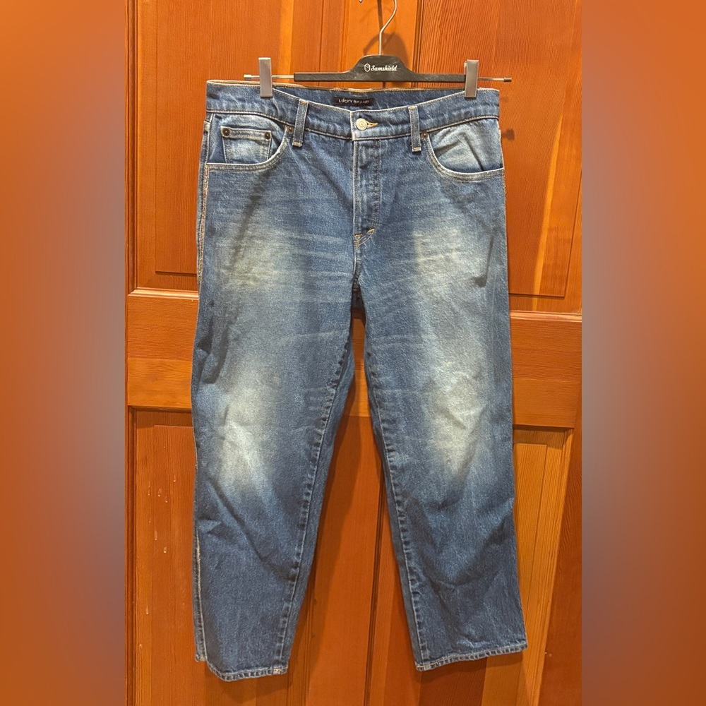 Lucky Brand Mid Rise Authentic Straight Jeans with Sequin Stripe.